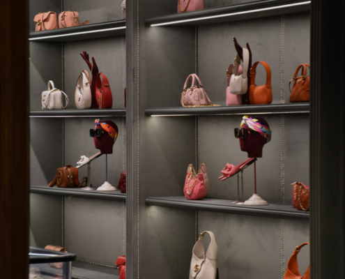 luxury handbags displayed on shelves in designer shop